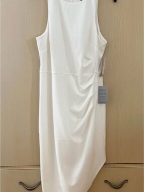 Sleeveless White Assymetrical Dress with Side Drape (Brand-new)